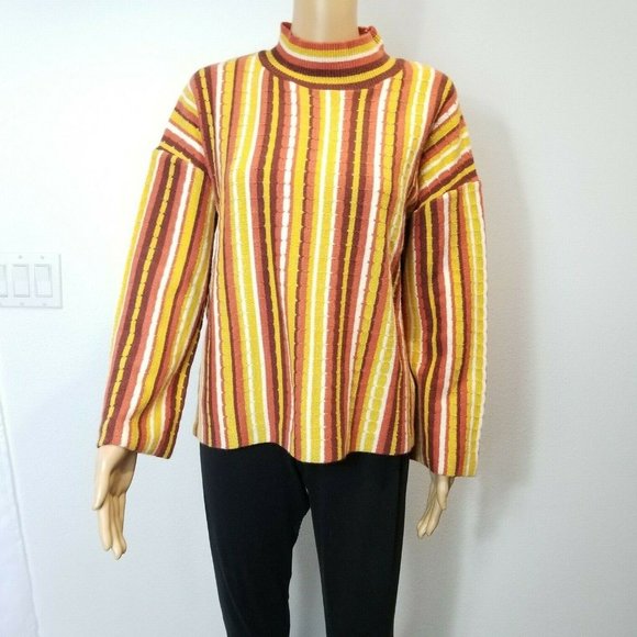 Nine West women's knit top Large mock neck stripe yellow brown long sleeve nwt - Picture 1 of 11